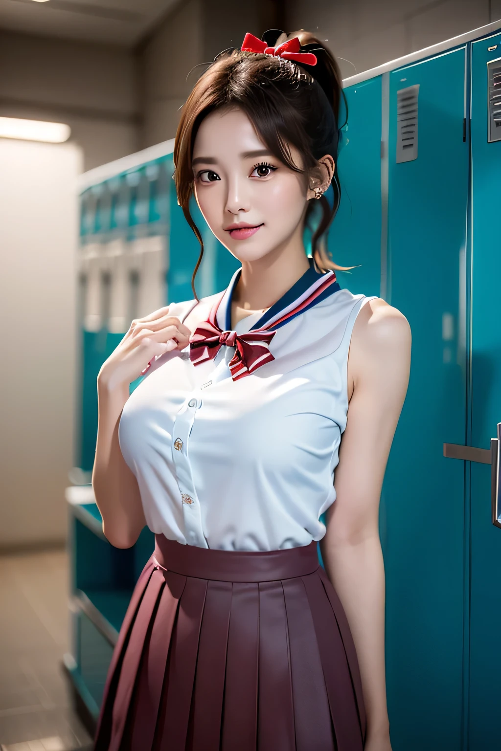 (((locker room))),(((Change clothes in the locker room:1.3))),(((clothes on hangers:1.3))),(((Sailor suit))),(((Pleated skirt revealing skin))),(Dark red bow tie:1.3),Cute face,Extreme close up of face,Shiny light brown and orange striped short hair,Messy ponytail,Cute Smile,Perfect round face,iris,(hairpin、ponytail、Floating Hair、),Large Breasts.Professional Lighting,Cinematic Light,(Tabletop,highest quality,Ultra-high resolution output images,) ,(8K quality,),(Ocean Art 2.0 Mode:1.3),(Picture Mode Ultra HD,)