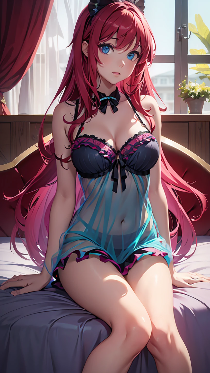 ((best quality)), ((masterpiece)), (detailed), perfect face, perfect budy, 1girl, red long hair, cyan eyes, purple ccamisole, ((see-through)), ((frilly camisole)), the girl lying on the bed, Seeing the girl from the front, bed background