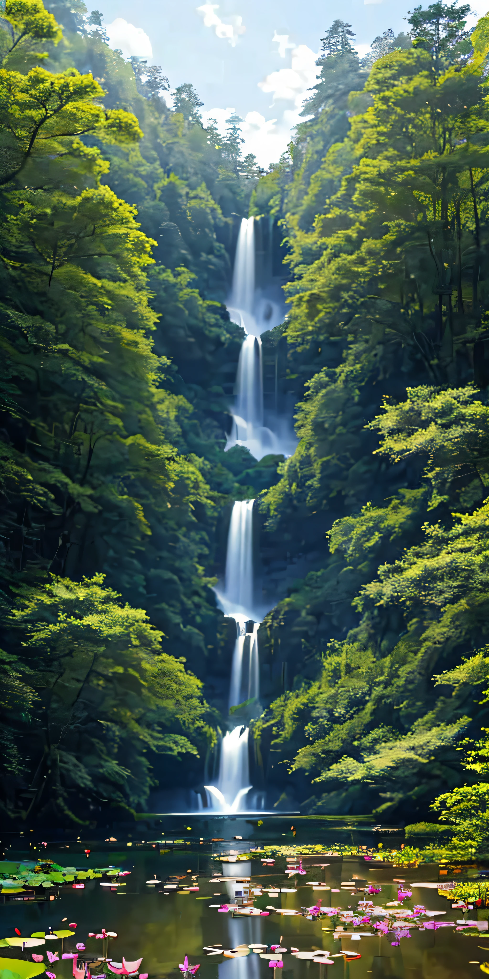 masterpiece,tranquility,scenic beauty,best quality，best quality,serenity,rustic charm,natural simplicity，best quality,delicate ecosystem,harmonious coexistence,bucolic idyll，best quality,pristine wilderness,majestic grandeur,[strange rocks:0.9]，best quality,stream/brook,waterfall,lotus pond, [insects:0.9], {trees/forest:1.05}