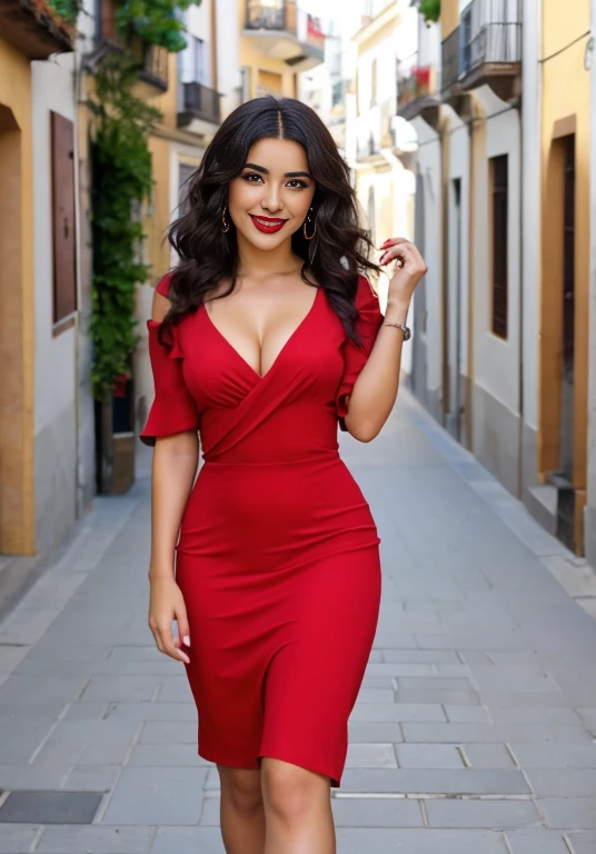 Image in 8k or higher of a beautiful Spanish brunette with curly black hair full body ,warm smile with beautiful red lipstick.cinematic light,vestido ajustado rojo sexy, atractiva, sentada en un anden con piernas cruzadas, atractivas piernas .(sol,al fondo una calle de Sevilla hiperdetallada), falda corta de color rojo