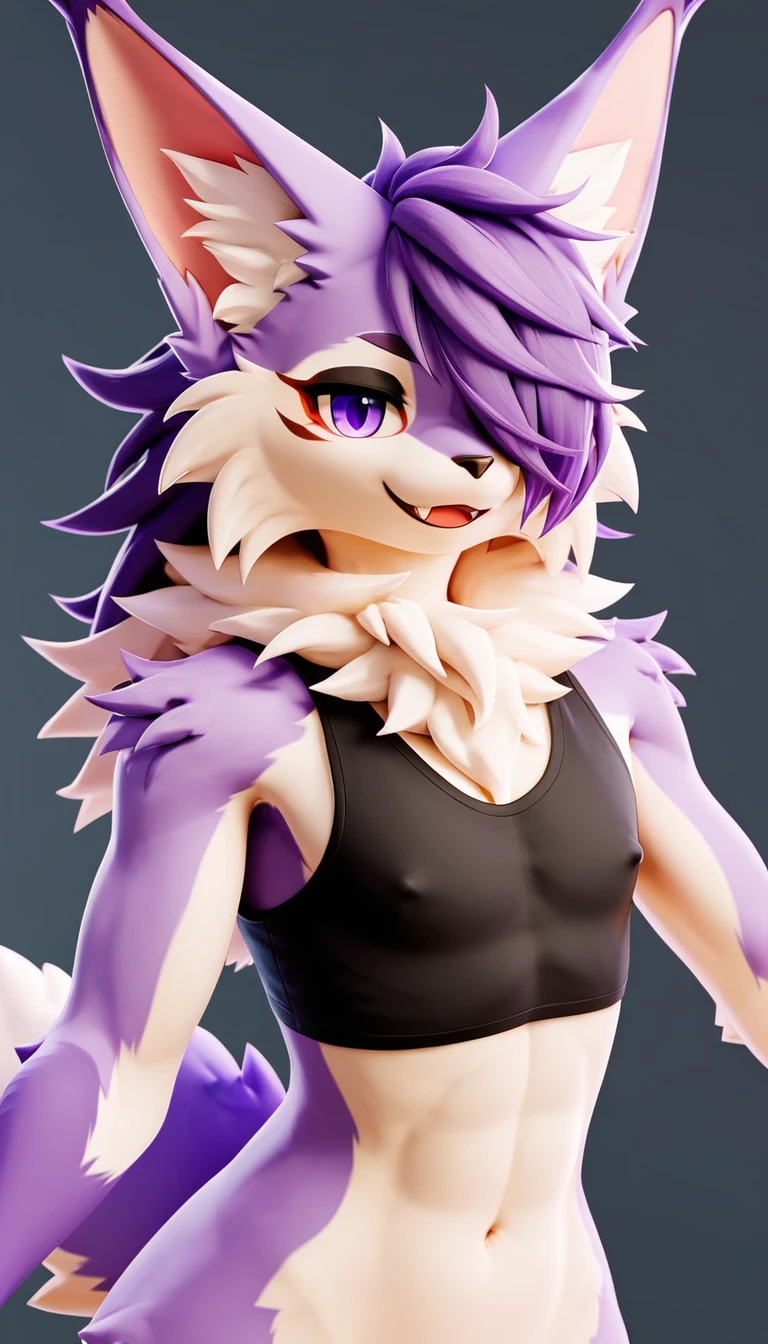 score_9,score_8_up,score_7_up,score_6_up,score_5_up,score_4_up, Lynx, purple fur, purple eyes, anthro, long hair, wavy hair, purple hair, eyeliner, eyelashes, black eyeshadow, furry art, cheeks tuft, shoulder tuft, male focus, femboy, finguerless gloves, cute fangs, kemono, shota, neck fluff, fluffy neck, claws, black nails, evil smile, solo focus, bedroom background, covered nipples, fluffy tail, 3d, blender software, crop top, hair over eye, head tuft, 5 fingers,