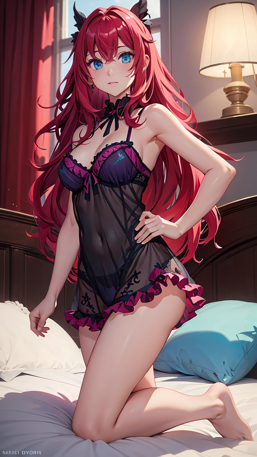 ((best quality)), ((masterpiece)), (detailed), perfect face, perfect budy, 1girl, red long hair, cyan eyes, purple ccamisole, ((see-through)), ((frilly camisole)), the girl lying on the bed, Seeing the girl from the front, bed background