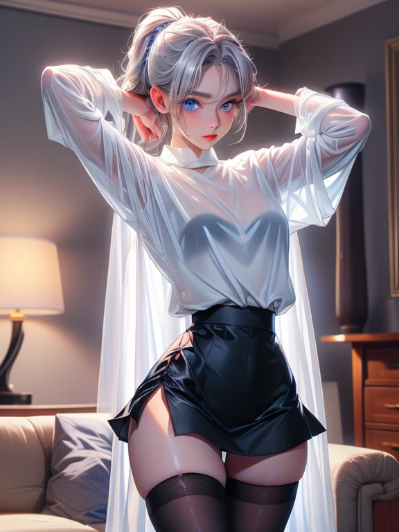 (((1 girl)),Ray Tracing,(Dim lighting),[Detailed Background (living room)),((Silver Hair)),(Silver Hair)),((Fluffy Silver Hair, Plump and slim girls)) Raised ponytail))) Avoid golden eyes in the ominous living room ((((The girl is wearing a white opaque shirt, Black wrinkled skirt and black transparent stockings), Showing off a delicate, slender figure and graceful curves, Correct limbs, Place your hands behind your head, Place your hands behind your head, Place your hands behind your head , Eye details, Beautiful Eyes, Delicate eyes, blue eyes