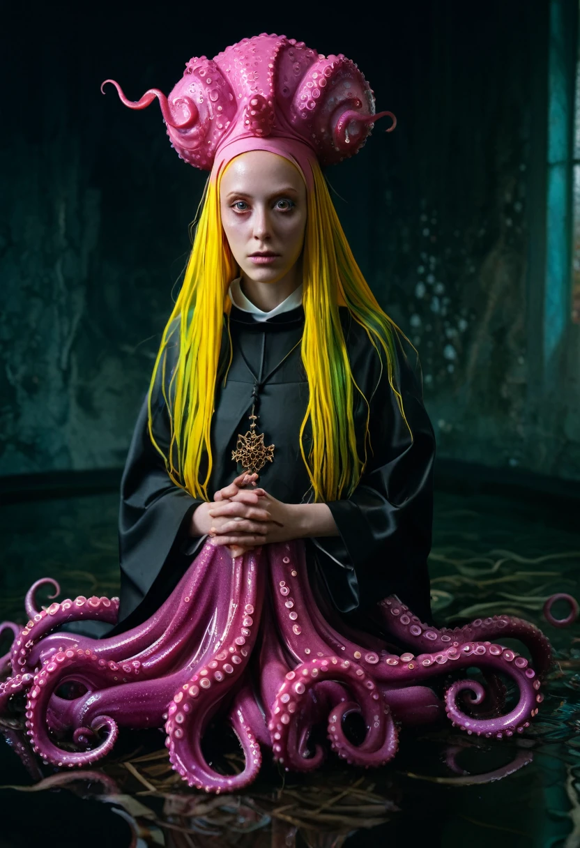 8K, ARTISTIC photogrAphy, best quAlity, mAsterpiece: 1.2), A (potrAit:1.2) witch BLOOD Toon Doll Cthulhu nun QUEEN, EYES, PINK many octopus style tentacles, full body RAW candid cinema, yellow hair, 16mm, color graded portra 400 film, remarkable color, ultra realistic, sad admosphere, dark lighting, oppressive atmosphere, depressive colors, kodak portra 400, photograph,r, Natural Light, Pinhead lighgts, blur reflection, Brush Strokes, Smooth, abstract, Splatter, Oil On Canvas, rainbow colors, fractal isometrics details bioluminescens : a stunning realistic photograph of wet bone structure, 3d render, octane render, intricately detailed, titanium decorative headdress, cinematic, trending on artstation | Isometric | Centered