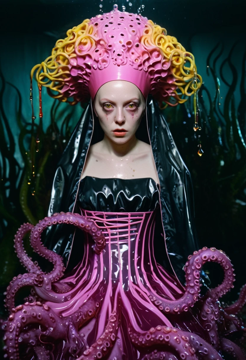 8K, ARTISTIC photogrAphy, best quAlity, mAsterpiece: 1.2), A (potrAit:1.2) witch BLOOD Toon Doll Cthulhu nun QUEEN, EYES, PINK many octopus style tentacles, full body RAW candid cinema, yellow hair, 16mm, color graded portra 400 film, remarkable color, ultra realistic, sad admosphere, dark lighting, oppressive atmosphere, depressive colors, kodak portra 400, photograph,r, Natural Light, Pinhead lighgts, blur reflection, Brush Strokes, Smooth, abstract, Splatter, Oil On Canvas, rainbow colors, fractal isometrics details bioluminescens : a stunning realistic photograph of wet bone structure, 3d render, octane render, intricately detailed, titanium decorative headdress, cinematic, trending on artstation | Isometric | Centered
