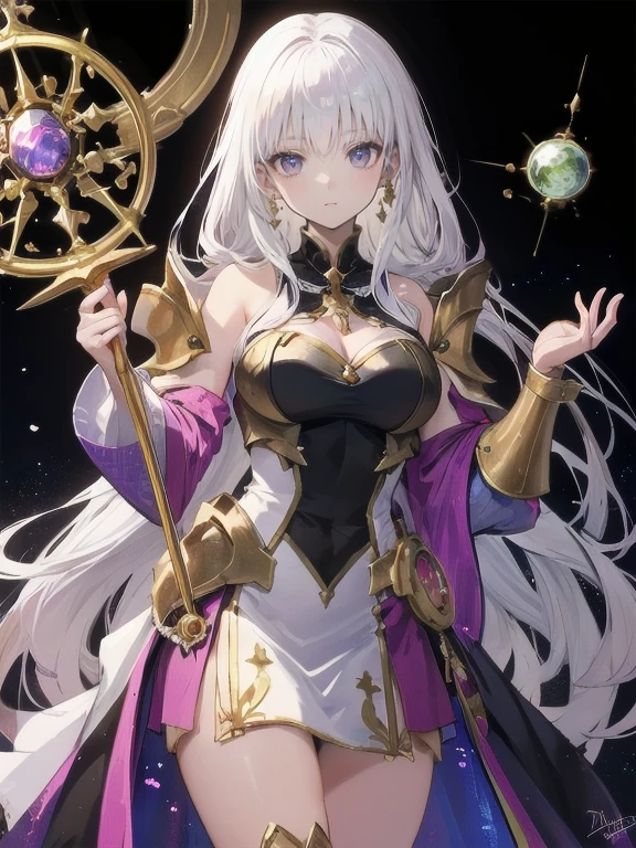 masterpiece, best quality,  detailed eyes, black background, thighs, 
(cowboy shot), 1girl, beautiful girl, cute eyes, smooth skin, smiling, 
long hair, white hair, lilac eyes,
(alchemist attire:1.3), (rainbow clothes:1.2), (golden clothes), (gemstones), big pauldrons,
armored dress,
more_details:1.5, add_detail:1, aslaug (fate), y2k sci-fi girl