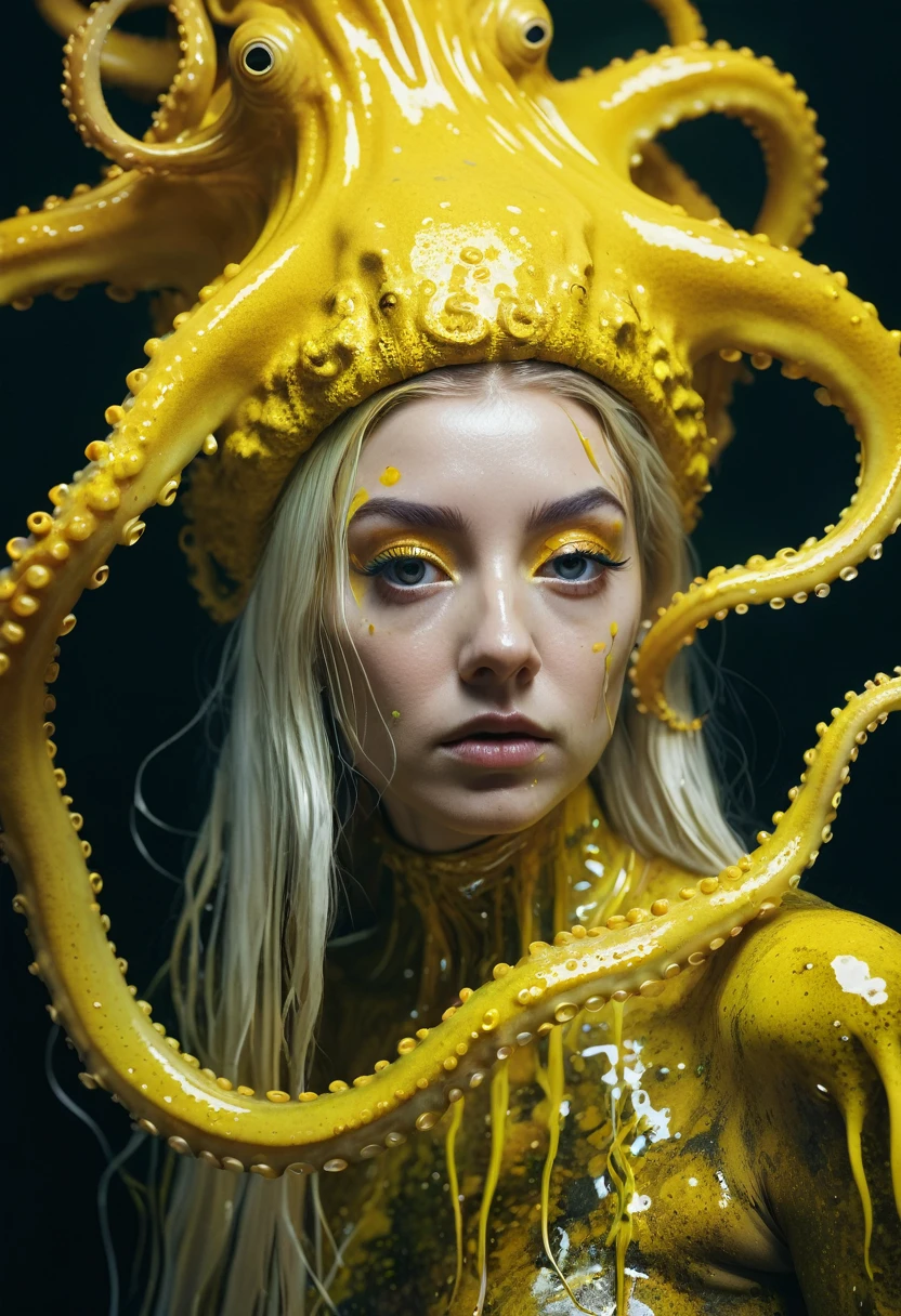 8K, ARTISTIC photogrAphy, best quAlity, mAsterpiece: 1.2), A (potrAit:1.2)  witch  Cthulhu  SAINT, YELLOW-BLACK many octopus style tentacles, full body RAW candid cinema, yellow hair, 16mm, color graded portra 400 film, remarkable color, ultra realistic, sad admosphere, dark lighting, oppressive atmosphere, depressive colors, kodak portra 400, photograph,r, Natural Light, Pinhead lighgts, blur reflection, Brush Strokes, Smooth, abstract, Splatter, Oil On Canvas, rainbow colors, fractal isometrics details bioluminescens : a stunning realistic photograph of wet bone structure, 3d render, octane render, intricately detailed, titanium decorative headdress, cinematic, trending on artstation | Isometric | Centered