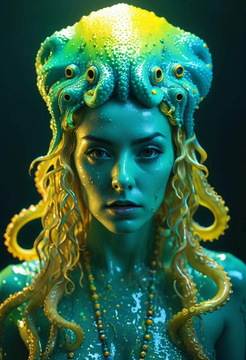 8K, ARTISTIC photogrAphy, best quAlity, mAsterpiece: 1.2), A (potrAit:1.2)  witch  Cthulhu  SAINT, YELLOW-BLACK many octopus style tentacles, full body RAW candid cinema, cyAN hair, 16mm, color graded portra 400 film, remarkable color, ultra realistic, sad admosphere, dark lighting, oppressive atmosphere, depressive colors, kodak portra 400, photograph,r, Natural Light, Pinhead lighgts, blur reflection, Brush Strokes, Smooth, abstract, Splatter, Oil On Canvas, rainbow colors, fractal isometrics details bioluminescens : a stunning realistic photograph of wet bone structure, 3d render, octane render, intricately detailed, titanium decorative headdress, cinematic, trending on artstation | Isometric | Centered