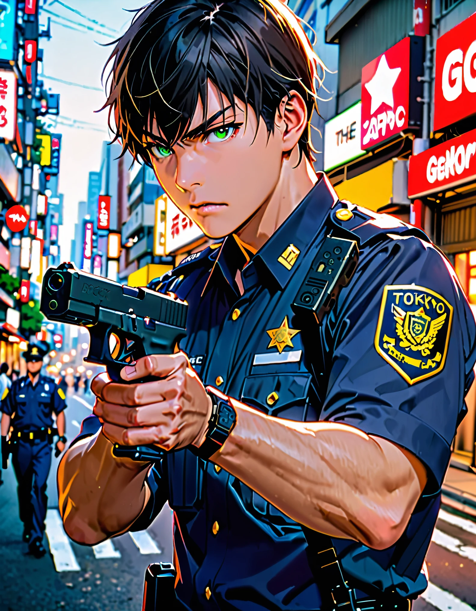 high resolution, (masterpiece:1.4, Hyper-detailing, Young man, male focus, routine patrol, Japanese Police officer, tokyo street, The expression is serious, (holding a gun, holding a pistol, shooter, glock17), solo, solo focus, black hair, green eyes.