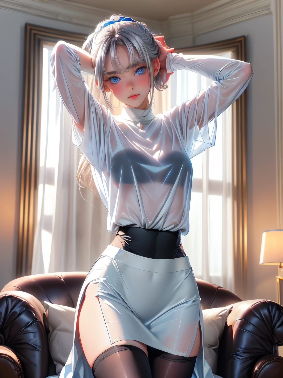 (((1 girl)),Ray Tracing,(Dim lighting),[Detailed Background (living room)),((Silver Hair)),(Silver Hair)),((Fluffy Silver Hair, Plump and slim girls)) Raised ponytail))) Avoid golden eyes in the ominous living room ((((The girl is wearing a white opaque shirt, Black wrinkled skirt and black transparent stockings), Showing off a delicate, slender figure and graceful curves, Correct limbs, Place your hands behind your head, Place your hands behind your head, Place your hands behind your head , Eye details, Beautiful Eyes, Delicate eyes, blue eyes