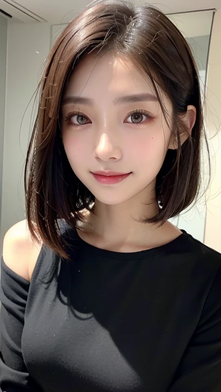 (((Close-up of face)))、(((Absolutely shoulder-length brown straight short bob)))、(((She is posing like a hair salon model, with a black wall indoors as the background.)))、(((Casual black winter long sleeve outfit)))、Half Japanese, half Korean、18 year old girl、Standing Alone、Looking forward、Light eye makeup、Brown Hair Color、Flat and 、Hair blowing in the wind、Actress Quality、Glossy, ultra-realistic face、Smiling face、Watery eyes、Gazing Up、Subtle lighting effects、 Ultra-Realistic Capture、Very detailed、High resolution 16K close up of human skin。Skin texture must be natural、The details must be such that pores can be clearly seen、The skin is healthy、Uniform tone、Use natural light and colors、A worn-out, high-quality photo taken by a model agency's in-house photographer.、smile、(((SIGMA 300 mm F/1.4,1/1000 sec shutter,ISO 400)))