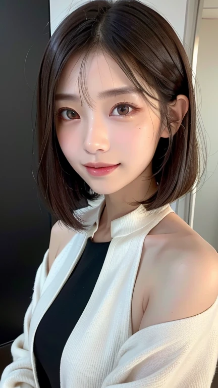 (((Close-up of face)))、(((Absolutely shoulder-length brown straight short bob)))、(((She is posing like a hair salon model, with a black wall indoors as the background.)))、(((Casual black winter long sleeve outfit)))、Half Japanese, half Korean、18 year old girl、Standing Alone、Looking forward、Light eye makeup、Brown Hair Color、Flat and 、Hair blowing in the wind、Actress Quality、Glossy, ultra-realistic face、Smiling face、Watery eyes、Gazing Up、Subtle lighting effects、 Ultra-Realistic Capture、Very detailed、High resolution 16K close up of human skin。Skin texture must be natural、The details must be such that pores can be clearly seen、The skin is healthy、Uniform tone、Use natural light and colors、A worn-out, high-quality photo taken by a model agency's in-house photographer.、smile、(((SIGMA 300 mm F/1.4,1/1000 sec shutter,ISO 400)))