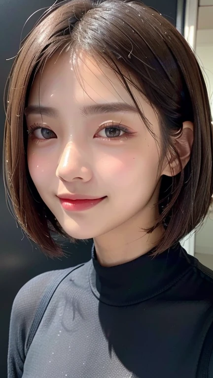 (((Close-up of face)))、(((Absolutely shoulder-length brown straight short bob)))、(((She is posing like a hair salon model, with a black wall indoors as the background.)))、(((Casual black winter long sleeve outfit)))、Half Japanese, half Korean、18 year old girl、Standing Alone、Looking forward、Light eye makeup、Brown Hair Color、Flat and 、Hair blowing in the wind、Actress Quality、Glossy, ultra-realistic face、Smiling face、Watery eyes、Gazing Up、Subtle lighting effects、 Ultra-Realistic Capture、Very detailed、High resolution 16K close up of human skin。Skin texture must be natural、The details must be such that pores can be clearly seen、The skin is healthy、Uniform tone、Use natural light and colors、A worn-out, high-quality photo taken by a model agency&#39;s in-house photographer.、smile、(((SIGMA 300 mm F/1.4,1/1000 sec shutter,ISO 400)))
