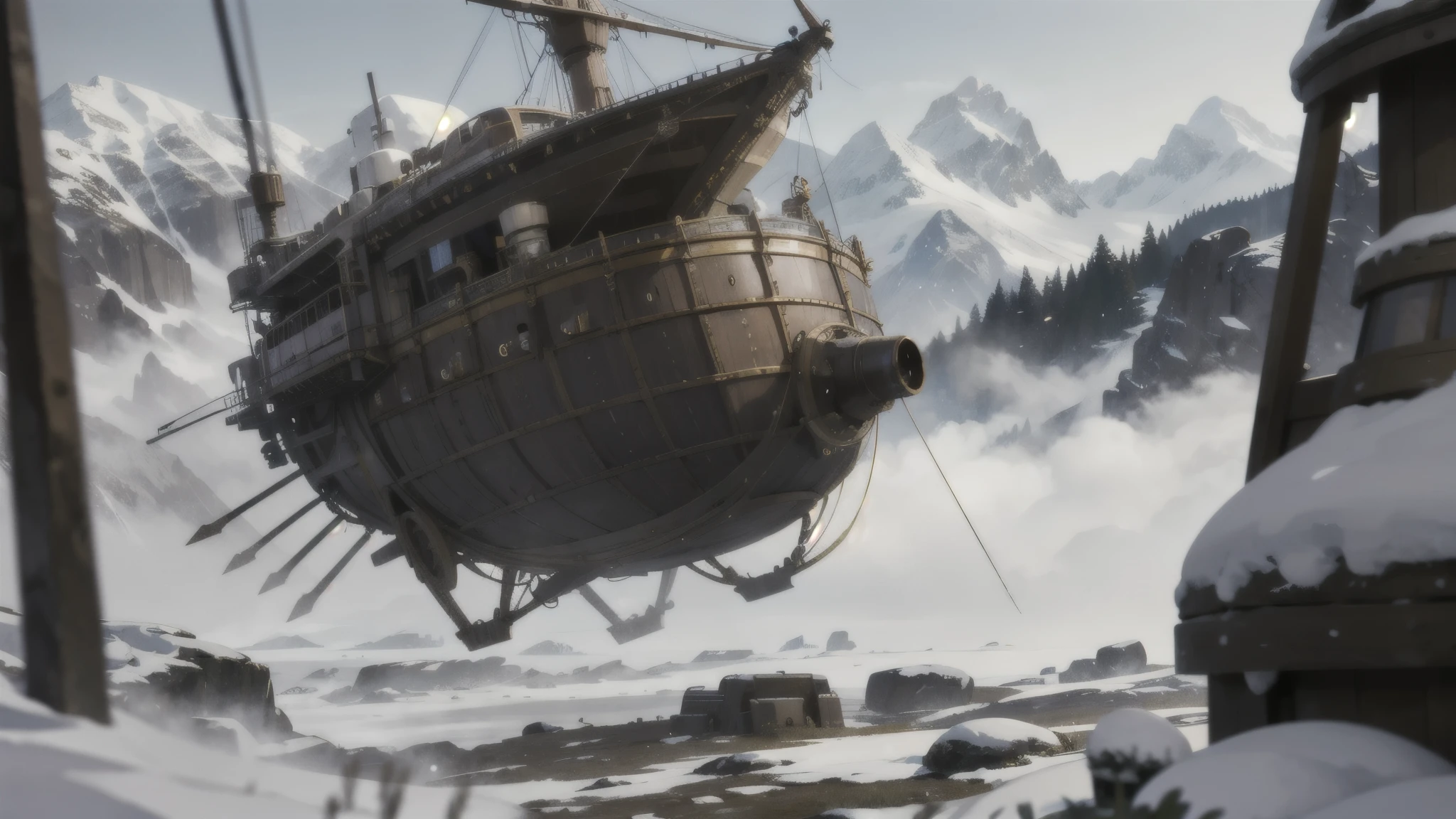 steampunk airship, early morning, snowy mountains, depth of field, blurry background
