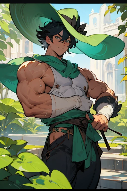 Hombre, muscular, Jardinero, sombrero de paja, cabello rubio, ojos verdes 