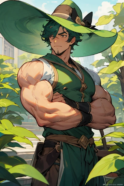 Hombre, muscular, Jardinero, sombrero de paja, cabello rubio, ojos verdes 