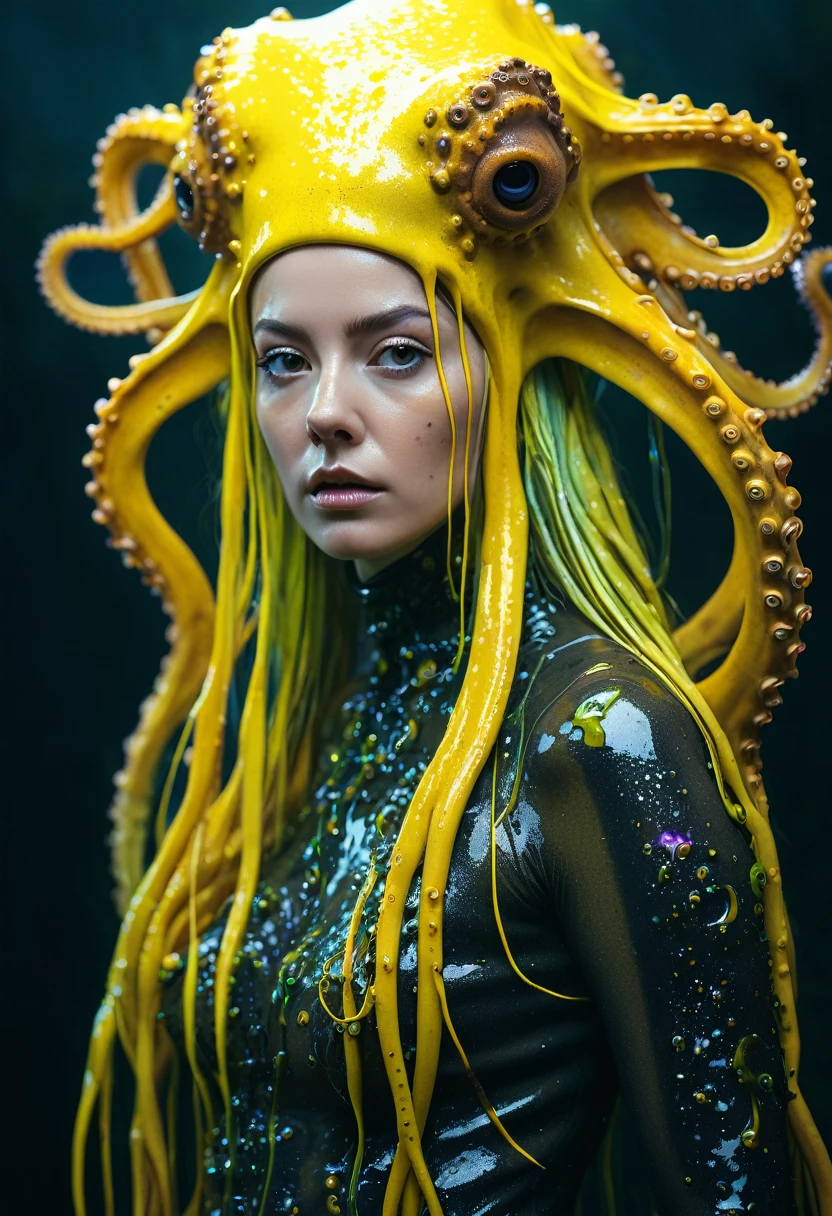 8K, ARTISTIC photogrAphy, best quAlity, mAsterpiece: 1.2), A (potrAit:1.2)  witch  Cthulhu  SAINT, YELLOW-BLACK many octopus style tentacles, full body RAW candid cinema, yellow hair, 16mm, color graded portra 400 film, remarkable color, ultra realistic, sad admosphere, dark lighting, oppressive atmosphere, depressive colors, kodak portra 400, photograph,r, Natural Light, Pinhead lighgts, blur reflection, Brush Strokes, Smooth, abstract, Splatter, Oil On Canvas, rainbow colors, fractal isometrics details bioluminescens : a stunning realistic photograph of wet bone structure, 3d render, octane render, intricately detailed, titanium decorative headdress, cinematic, trending on artstation | Isometric | Centered