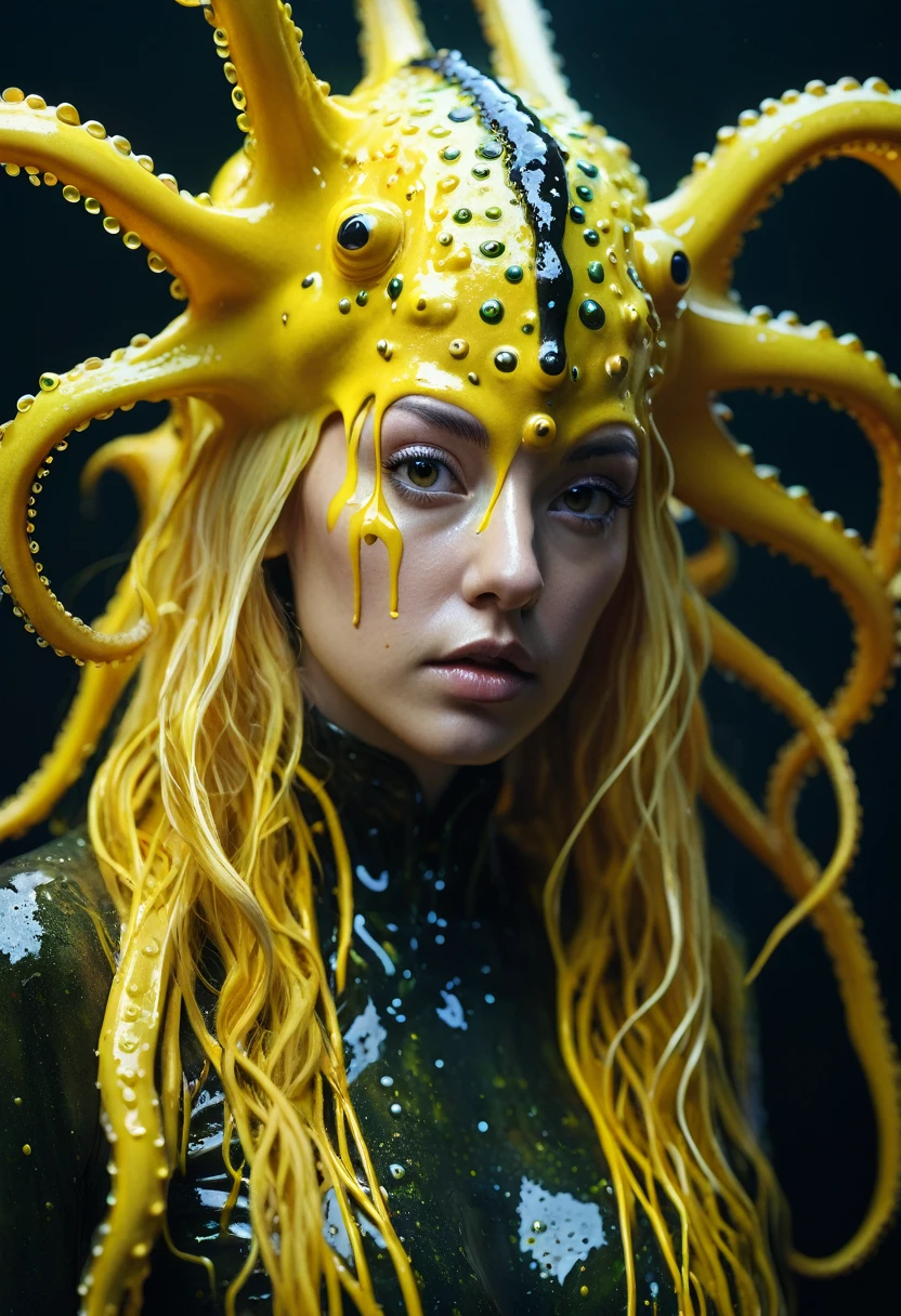 8K, ARTISTIC photogrAphy, best quAlity, mAsterpiece: 1.2), A (potrAit:1.2) witch Cthulhu SAINT, YELLOW-BLACK many octopus style tentacles, full body RAW candid cinema, yellow hair, 16mm, color graded portra 400 film, remarkable color, ultra realistic, sad admosphere, dark lighting, oppressive atmosphere, depressive colors, kodak portra 400, photograph,r, Natural Light, Pinhead lighgts, blur reflection, Brush Strokes, Smooth, abstract, Splatter, Oil On Canvas, rainbow colors, fractal isometrics details bioluminescens : a stunning realistic photograph of wet bone structure, 3d render, octane render, intricately detailed, titanium decorative headdress, cinematic, trending on artstation | Isometric | Centered