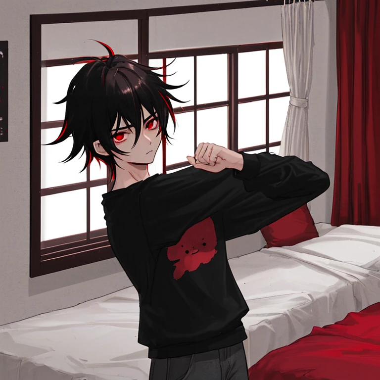 estilo manga, Serious 20 year old boy, cabello negro con rojo semi largo, ojos cafe oscuro semi rasgados, ropa deportiva oscura, poco musculoso, fondo dormitorio, super detallado 