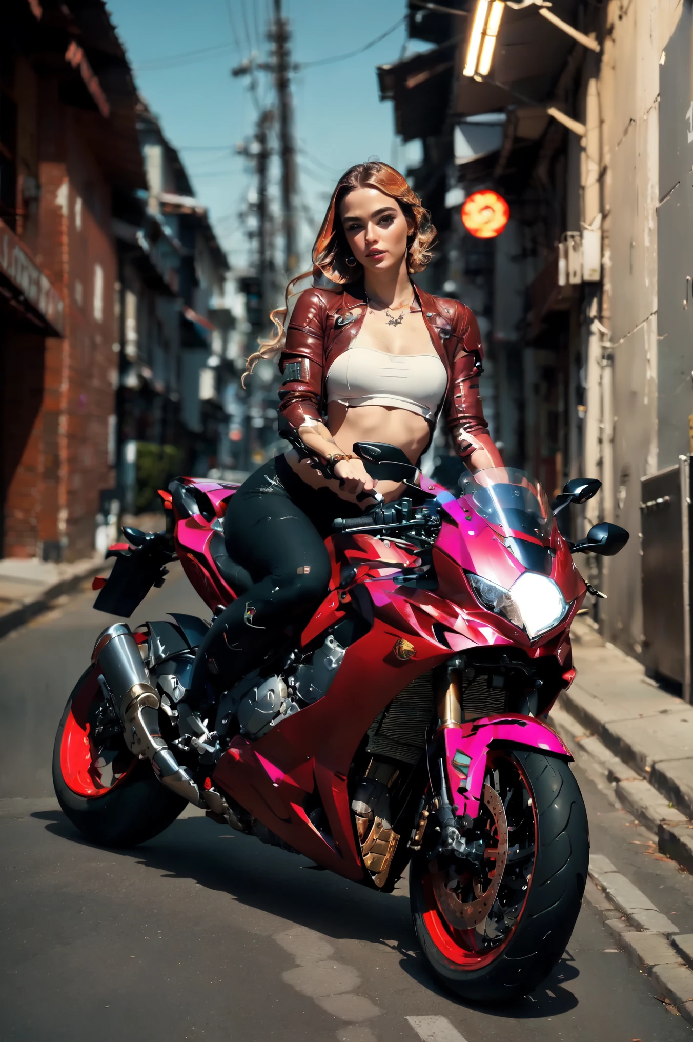 Sexy cyborg girl riding on the motorcycle, blonde hair, french braid, (Best quality, 4K, 8k, A high resolution, masterpiece:1.2), absurdity, masterpiece, ultra detailed, (realistic, photorealistic, photorealistic:1.37), complex parts, HDR, (complex parts:1.12), (hyper detailed, hyper realistic, Soft lighting, spicy:1.2), beautiful figure, Magnificent Anatomy, (complex part, Hyper detailed:1.15), Smooth skin,