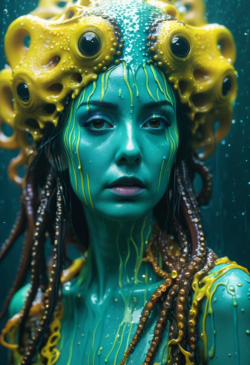 8K, ARTISTIC photogrAphy, best quAlity, mAsterpiece: 1.2), A (potrAit:1.2) witch Cthulhu SAINT, YELLOW-BLACK many octopus style tentacles, full body RAW candid cinema, cyAN hair, 16mm, color graded portra 400 film, remarkable color, ultra realistic, sad admosphere, dark lighting, oppressive atmosphere, depressive colors, kodak portra 400, photograph,r, Natural Light, Pinhead lighgts, blur reflection, Brush Strokes, Smooth, abstract, Splatter, Oil On Canvas, rainbow colors, fractal isometrics details bioluminescens : a stunning realistic photograph of wet bone structure, 3d render, octane render, intricately detailed, titanium decorative headdress, cinematic, trending on artstation | Isometric | Centered
