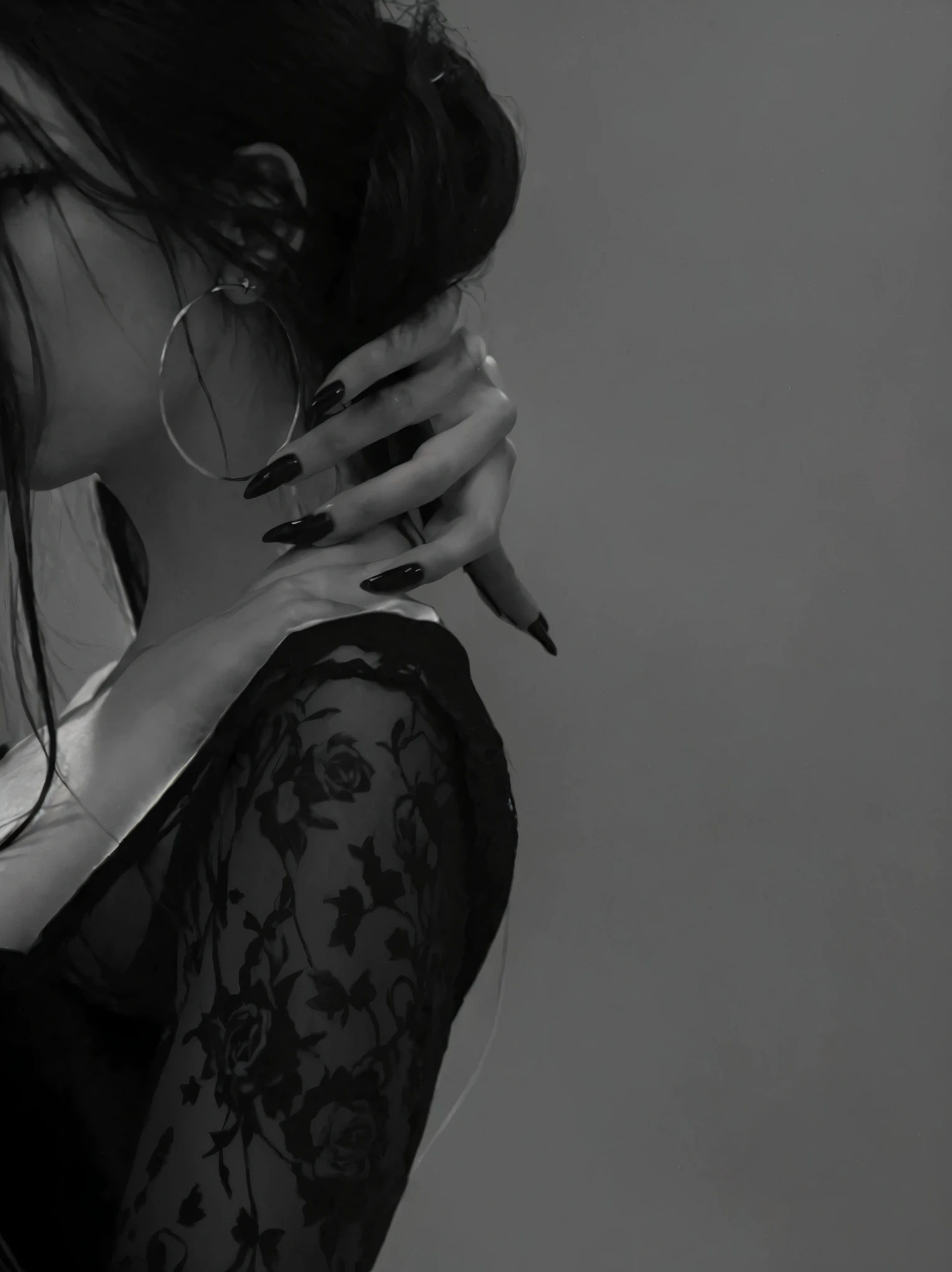 There is a woman who has a cell phone in her hand., gothic girl aesthetic, dark dance photography aesthetic, en blanco y negro), Manos sofisticadas // negro, tomada con una canon eos 5d, tomada con una canon eos 5d, mano en su barbilla, gothic aesthetic, in en blanco y negro, hands behind his pose!, en blanco y negro image