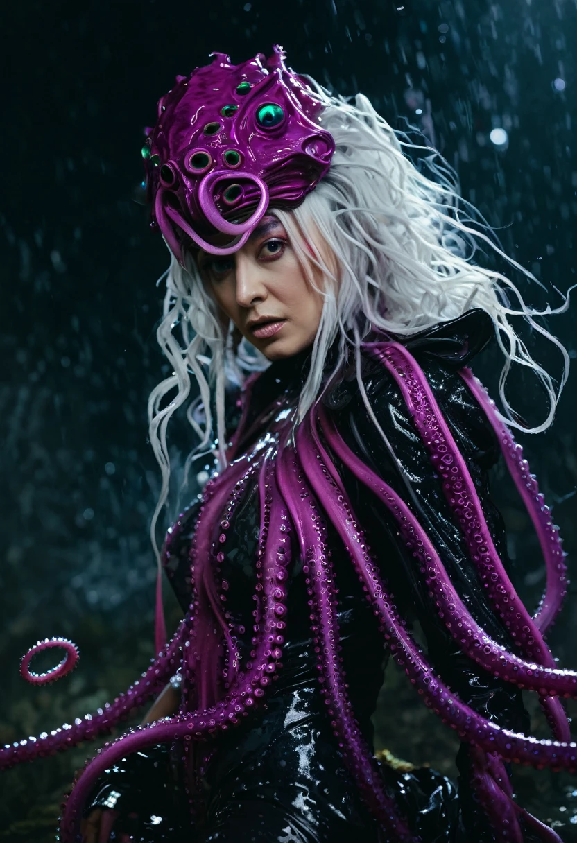 8K, ARTISTIC photogrAphy, best quAlity, mAsterpiece: 1.2), A (potrAit:1.2) witch Cthulhu soldier, FUCSIA-BLACK many octopus style tentacles, full body RAW candid cinema, white hair, 16mm, color graded portra 400 film, remarkable color, ultra realistic, sad admosphere, dark lighting, oppressive atmosphere, depressive colors, kodak portra 400, photograph,r, Natural Light, Pinhead lighgts, blur reflection, Brush Strokes, Smooth, abstract, Splatter, Oil On Canvas, rainbow colors, fractal isometrics details bioluminescens : a stunning realistic photograph of wet bone structure, 3d render, octane render, intricately detailed, titanium decorative headdress, cinematic, trending on artstation | Isometric | Centered