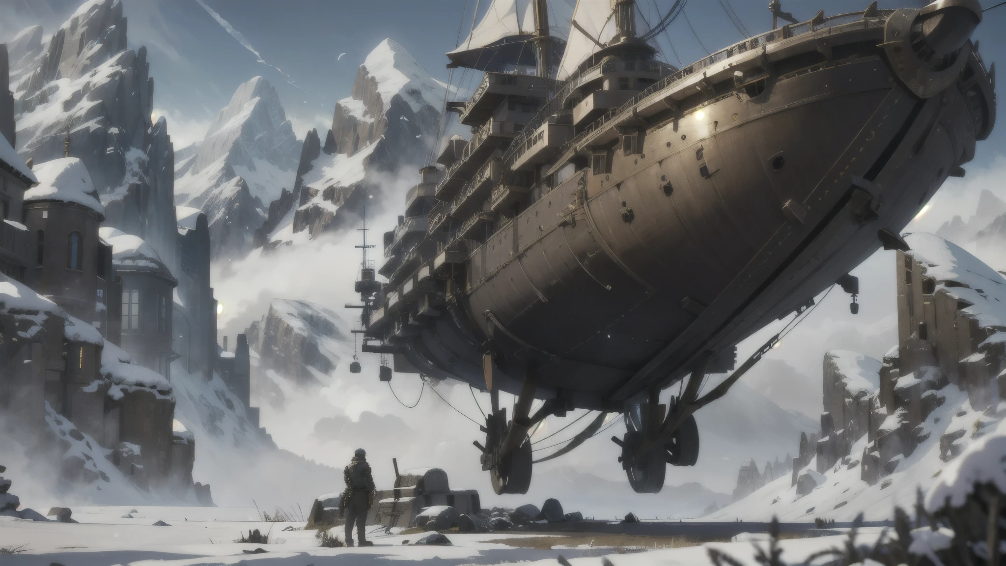 steampunk airship, early morning, snowy mountains, depth of field, blurry background
