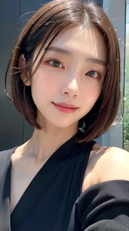(((Close-up of face)))、(((Absolutely shoulder-length brown straight short bob)))、(((She is posing like a hair salon model, with a black wall indoors as the background.)))、(((Casual black winter long sleeve outfit)))、Half Japanese, half Korean、18 year old girl、Standing Alone、Looking forward、Light eye makeup、Brown Hair Color、Flat and 、Hair blowing in the wind、Actress Quality、Glossy, ultra-realistic face、Smiling face、Watery eyes、Gazing Up、Subtle lighting effects、 Ultra-Realistic Capture、Very detailed、High resolution 16K close up of human skin。Skin texture must be natural、The details must be such that pores can be clearly seen、The skin is healthy、Uniform tone、Use natural light and colors、A worn-out, high-quality photo taken by a model agency's in-house photographer.、smile、(((SIGMA 300 mm F/1.4,1/1000 sec shutter,ISO 400)))