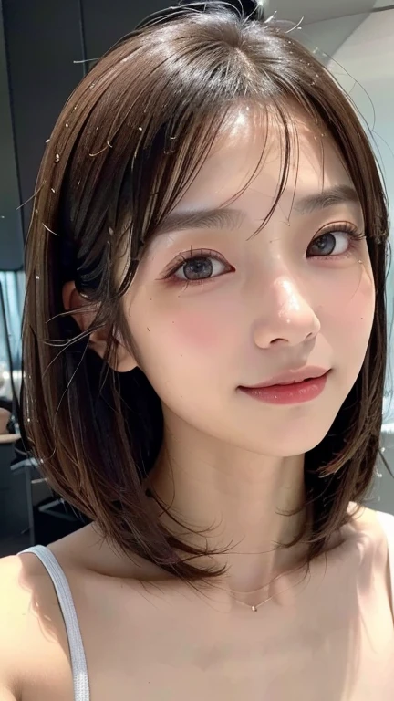 (((Close-up of face)))、(((Absolutely shoulder-length brown straight short bob)))、(((She is posing like a hair salon model, with a black wall indoors as the background.)))、(((Casual black winter long sleeve outfit)))、Half Japanese, half Korean、18 year old girl、Standing Alone、Looking forward、Light eye makeup、Brown Hair Color、Flat and 、Hair blowing in the wind、Actress Quality、Glossy, ultra-realistic face、Smiling face、Watery eyes、Gazing Up、Subtle lighting effects、 Ultra-Realistic Capture、Very detailed、High resolution 16K close up of human skin。Skin texture must be natural、The details must be such that pores can be clearly seen、The skin is healthy、Uniform tone、Use natural light and colors、A worn-out, high-quality photo taken by a model agency's in-house photographer.、smile、(((SIGMA 300 mm F/1.4,1/1000 sec shutter,ISO 400)))