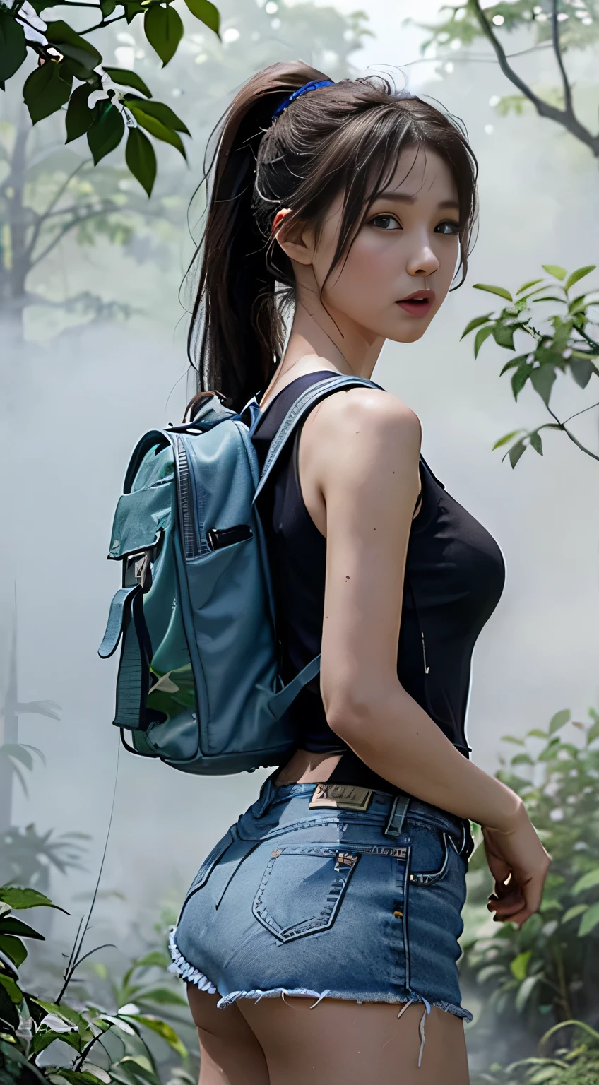 (8k,RAW Photos、RAW Photos、highest quality、Masterpiece:1.2)、１girl、１Middle-aged men、Very detailed、Super Resolution、((Misty jungle:1.4))、((In the thick fog:1.4))、(Photorealistic:1.3)、((Cowboy Shot:1.4))、Clear depiction of light and shadow、High-resolution RAW color photos、Professional photos、(((natural Park:1.4)))、Draw faithfully to anatomy、Very detailed and beautiful、super high quality、((girl with ponytail hair:1.4))、((Carrying a backpack:1.4))、((Dark blue tank top shirt:1.4))、((In the rainforest:1.4))、((A denim mini skirt that accentuates thighs:1.4))、Upper Body、((Girl with a pochette on her shoulder:1.4))、((Confused expression:1.4))、Adhesive plaster on the knee:1.7、