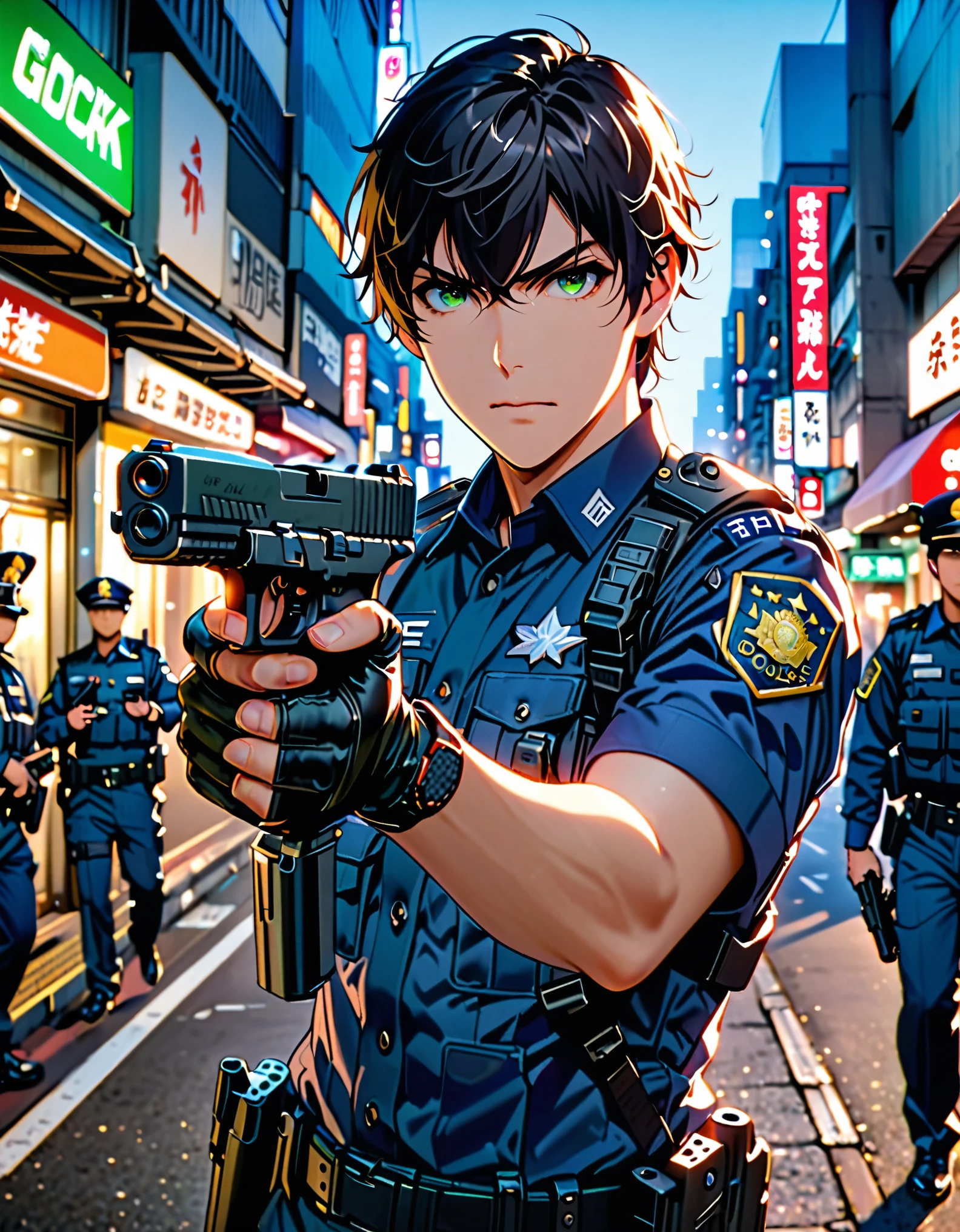 high resolution, (masterpiece:1.4, Hyper-detailing, Young man, male focus, routine patrol, Japanese Police officer, tokyo street, The expression is serious, (holding a gun, holding a pistol, shooter, finger on trigger, glock17), solo, solo focus, black hair, green eyes.