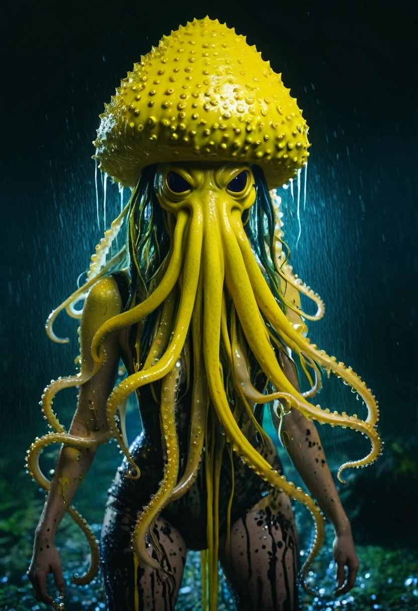8K, ARTISTIC photogrAphy, best quAlity, mAsterpiece: 1.2), A (potrAit:1.2) witch Cthulhu soldier, YELLOW-BLACK many octopus style tentacles, full body RAW candid cinema, yellow hair, 16mm, color graded portra 400 film, remarkable color, ultra realistic, sad admosphere, dark lighting, oppressive atmosphere, depressive colors, kodak portra 400, photograph,r, Natural Light, Pinhead lighgts, blur reflection, Brush Strokes, Smooth, abstract, Splatter, Oil On Canvas, rainbow colors, fractal isometrics details bioluminescens : a stunning realistic photograph of wet bone structure, 3d render, octane render, intricately detailed, titanium decorative headdress, cinematic, trending on artstation | Isometric | Centered