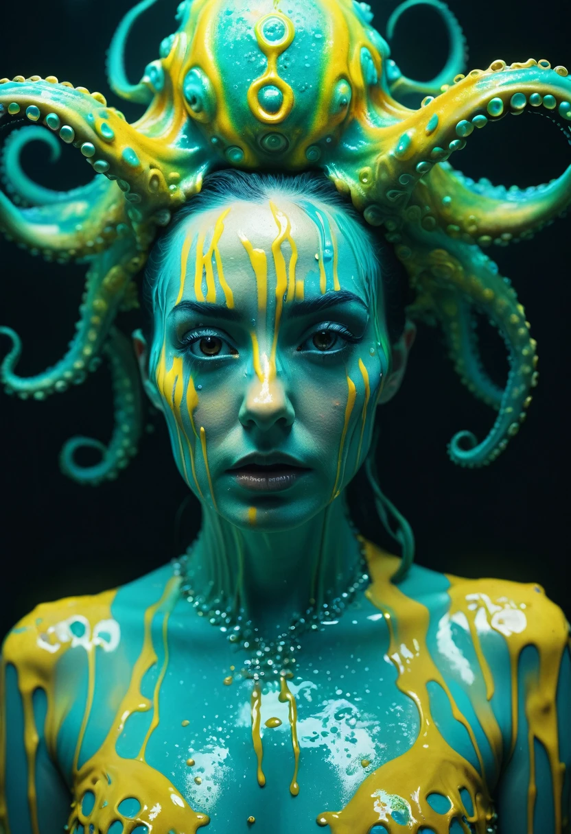 8K, ARTISTIC photogrAphy, best quAlity, mAsterpiece: 1.2), A (potrAit:1.2) witch BLOOD Toon Doll Cthulhu nun QUEEN, EYES, CYAN many octopus style tentacles, full body RAW candid cinema, yellow hair, 16mm, color graded portra 400 film, remarkable color, ultra realistic, sad admosphere, dark lighting, oppressive atmosphere, depressive colors, kodak portra 400, photograph,r, Natural Light, Pinhead lighgts, blur reflection, Brush Strokes, Smooth, abstract, Splatter, Oil On Canvas, rainbow colors, fractal isometrics details bioluminescens : a stunning realistic photograph of wet bone structure, 3d render, octane render, intricately detailed, titanium decorative headdress, cinematic, trending on artstation | Isometric | Centered