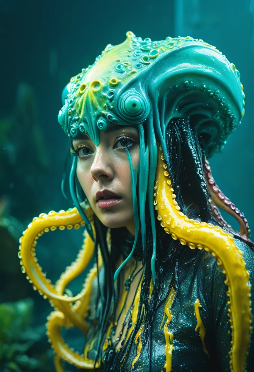 (best quality,4k,highres,masterpiece:1.2),ultra-detailed,(realistic,photorealistic:1.37), (1 beautiful medusa-like female alien who is 18yo:1.8), underwater, vibrant colors, bioluminescence, surreal, grotesque, beautiful detailed eyes, detailed lips, slimy skin, tentacles, intricate patterns, extraordinary creature, unique anatomy, ocean environment, dark abyss, mystifying, mysterious, haunting, eerie, fantasy, hybrid beauty, ethereal, enchanting lighting, With mesmerizing iridescent glowing markings adorning its body, the intricacies of its tentacle parts highlight the rich colors and beautiful soft light. The vast open waters serve as a vivid backdrop, allowing the octopus to soak in every detail, showcasing its Absurd and complex shapes in unparalleled quality. (realistic, hyper-realistic:1.5), thick eyeblows, (superdetailed beautiful opal eyes:1.8), smiling seductively, (no make-up:1.7), (Exoskeleton with beautiful nautilus design:1.8), pale and white skin with visible veins, beautiful nipples, facee paint with nautilus design,