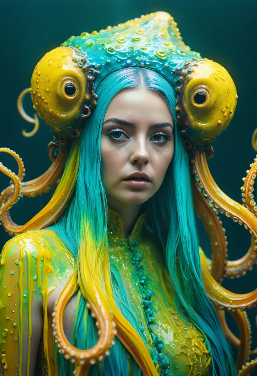 8K, ARTISTIC photogrAphy, best quAlity, mAsterpiece: 1.2), A (potrAit:1.2)  witch  Cthulhu  SAINT, YELLOW-BLACK many octopus style tentacles, full body RAW candid cinema, cyAN hair, 16mm, color graded portra 400 film, remarkable color, ultra realistic, sad admosphere, dark lighting, oppressive atmosphere, depressive colors, kodak portra 400, photograph,r, Natural Light, Pinhead lighgts, blur reflection, Brush Strokes, Smooth, abstract, Splatter, Oil On Canvas, rainbow colors, fractal isometrics details bioluminescens : a stunning realistic photograph of wet bone structure, 3d render, octane render, intricately detailed, titanium decorative headdress, cinematic, trending on artstation | Isometric | Centered