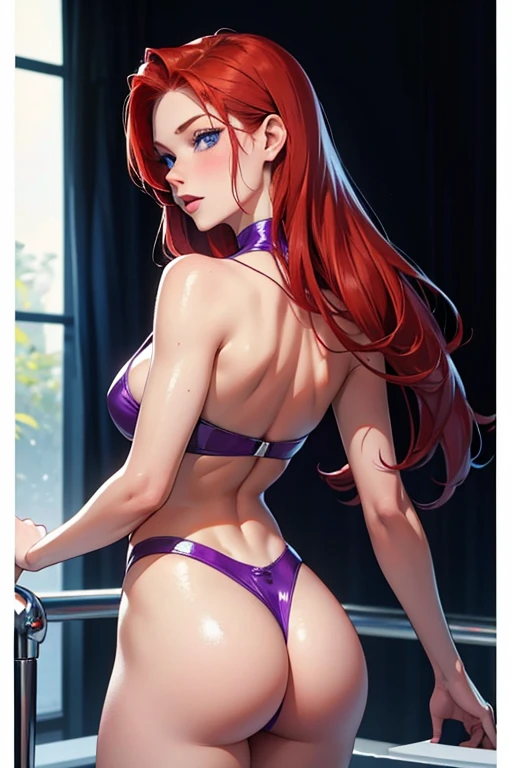 sexy girl 18 years old, blue eyes, redhead, she is a redhead, very redhead, white skin, sensual body with sexy belly, with beautiful exotic body, hot sexy, beautiful body and face, sweaty body, she is wearing dental floss, colored violet, a sexy violet latex micro dental flosser, uses a dental flosser for women, in a back position, she has her back to the camera, back
entire, a back shot