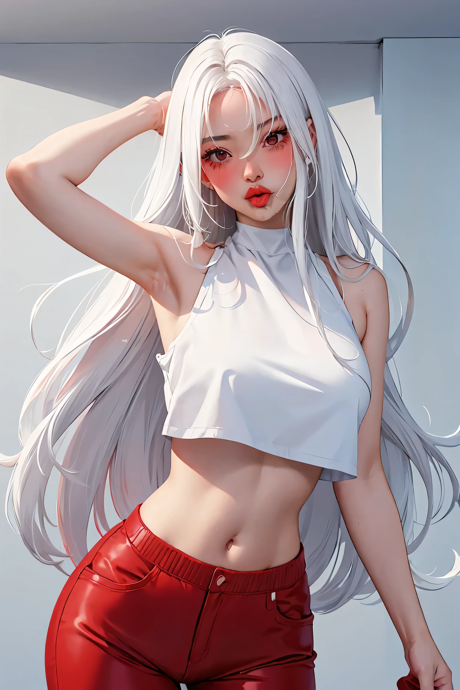 realisticlying、one girl, crop top,，Face enhancement，long hair, Blushing，Red lips, standing, cute clothes, Open your mouth wide、Wearing underwear, white hair, lipgloss, lip focus,