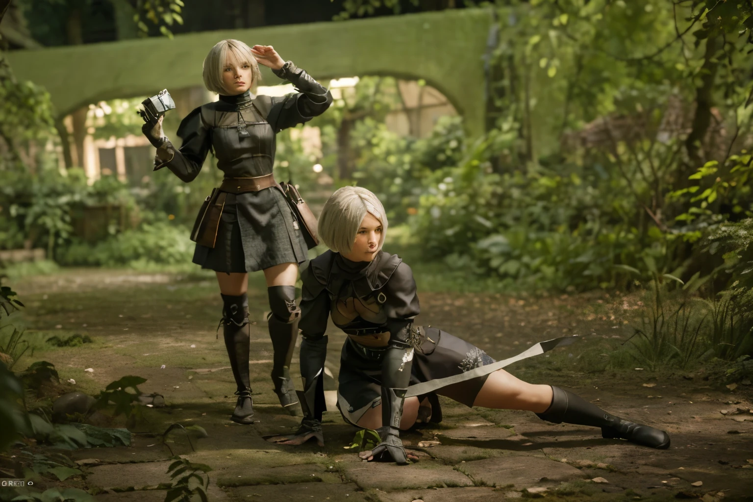 (Best quality, 8k, 32k, Masterpiece, UHD:1.2) Transform the setting of the picture into Pascal's Village from Nier: Automata. Populate the scene with peaceful machine lifeforms going about their daily routines amidst the lush greenery of the forest. Pascal's home, a large treehouse, stands prominently in the center of the village, surrounded by smaller dwellings and communal areas. The atmosphere should evoke a sense of tranquility and harmony, with sunlight filtering through the leaves and casting dappled shadows on the ground. ((scarps))