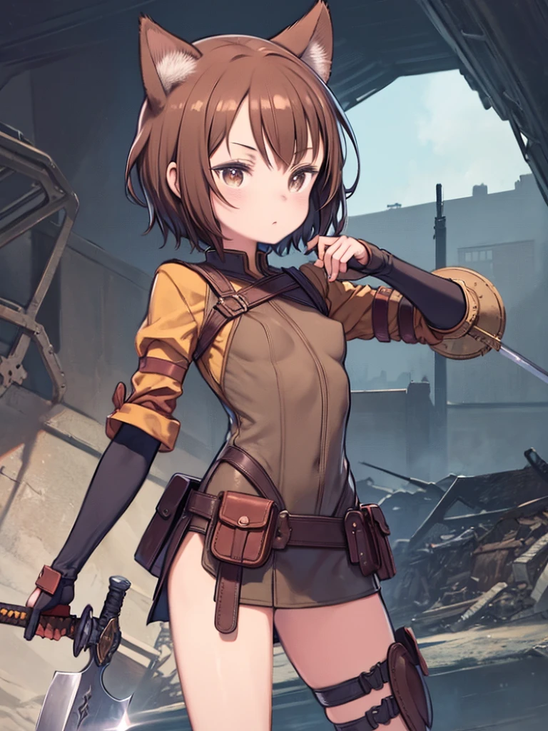 Close-up of a person in a cat costume holding a sword、highest quality、、Small breasts、Dog Ears、Brown Hair、short hair、Brown eyes、Leather Armor、Shield in left hand、Sword in right hand、Standing in the wasteland