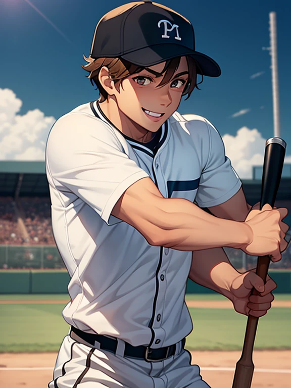 masterpiece, best quality, high resolution, UHD, 8k, ((cowboy shot)), BREAK, 1 boy , ((boy style anime)), rounded eyes, realistic eyes, shadow realistic,  BREAK, (muscular body 1.9), dark skin, with dark brown, brown eyes, boy with brown hair, (wearing a white baseball uniform), (with a baseball cap), with baseball bat in one hand, round butt, looking at the spectator with a smile on a baseball field on a sunny day.
