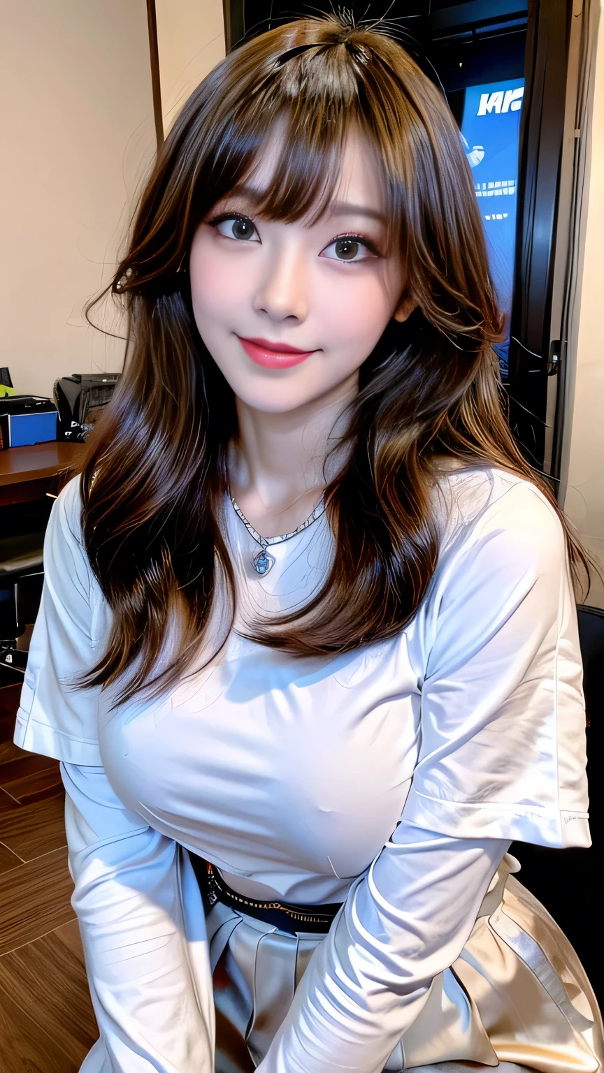 Full Body Angle、((highest quality, 8K, masterpiece: 1.3)), concentrated: 1.2, Cute girl 1,Nipples erect、 Perfect beauty: 1.4,Short sleeve blouse with round neck and frill design in cotton: 1.2,Long sleeve、Randall Color、comics&Text Graphics、Black ruffle-trimmed drawstring zip blouse,1.1, Highly detailed face and skin textures, Fine grain, double eyelid, whitening skin, ,highest quality,Ultra-high resolution,you,1 girl,alone,_Shiny_skin,Iris,necklace,((Brown_length_Wavy_hair)),(lips)),eyelash,Front hair,deal with,compensate,Shiny,pore,skin texture,Large Breasts、smiling face、Game room、
