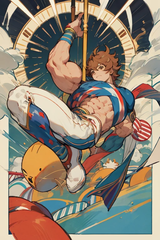 Hombre, muscular, circus acrobat , benda en la cabeza , cabello negro, Brown eyes
