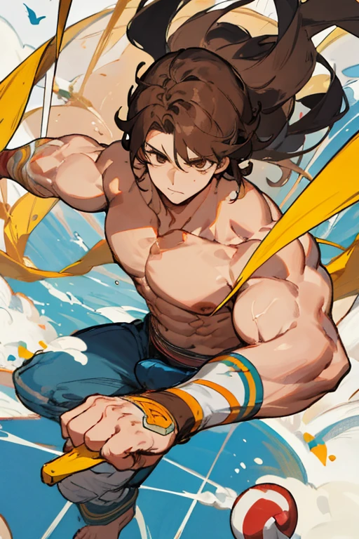 Hombre, muscular, circus acrobat , benda en la cabeza , cabello negro, Brown eyes