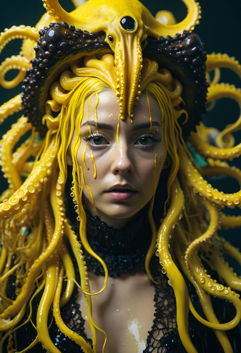 8K, ARTISTIC photogrAphy, best quAlity, mAsterpiece: 1.2), A (potrAit:1.2)  witch  Cthulhu  SAINT, YELLOW-BLACK many octopus style tentacles, full body RAW candid cinema, yellow hair, 16mm, color graded portra 400 film, remarkable color, ultra realistic, sad admosphere, dark lighting, oppressive atmosphere, depressive colors, kodak portra 400, photograph,r, Natural Light, Pinhead lighgts, blur reflection, Brush Strokes, Smooth, abstract, Splatter, Oil On Canvas, rainbow colors, fractal isometrics details bioluminescens : a stunning realistic photograph of wet bone structure, 3d render, octane render, intricately detailed, titanium decorative headdress, cinematic, trending on artstation | Isometric | Centered