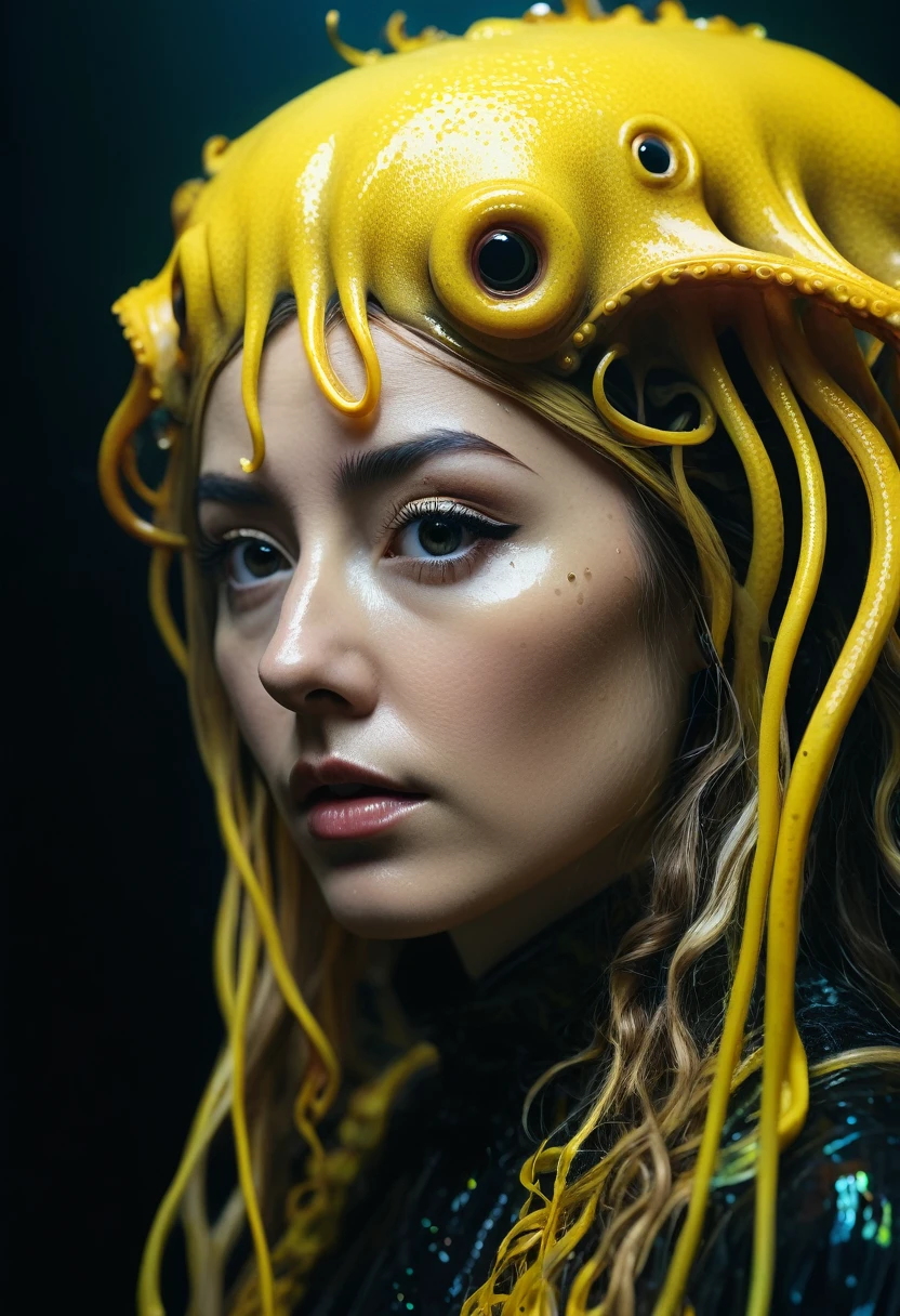 8K, ARTISTIC photogrAphy, best quAlity, mAsterpiece: 1.2), A (potrAit:1.2)  witch  Cthulhu  SAINT, YELLOW-BLACK many octopus style tentacles, full body RAW candid cinema, yellow hair, 16mm, color graded portra 400 film, remarkable color, ultra realistic, sad admosphere, dark lighting, oppressive atmosphere, depressive colors, kodak portra 400, photograph,r, Natural Light, Pinhead lighgts, blur reflection, Brush Strokes, Smooth, abstract, Splatter, Oil On Canvas, rainbow colors, fractal isometrics details bioluminescens : a stunning realistic photograph of wet bone structure, 3d render, octane render, intricately detailed, titanium decorative headdress, cinematic, trending on artstation | Isometric | Centered