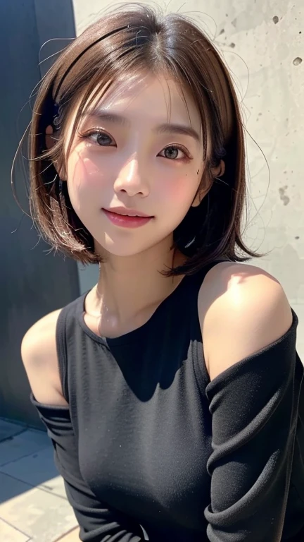 (((Close-up of face)))、(((Absolutely shoulder-length brown straight short bob)))、(((She is posing like a hair salon model, with a black wall indoors as the background.)))、(((Casual black winter long sleeves with shoulders covered)))、Half Japanese, half Korean、18 year old girl、Standing Alone、Looking forward、Light eye makeup、Brown Hair Color、Flat and 、Hair blowing in the wind、Actress Quality、Glossy, ultra-realistic face、Smiling face、Watery eyes、Gazing Up、Subtle lighting effects、 Ultra-Realistic Capture、Very detailed、High resolution 16K close up of human skin。Skin texture must be natural、The details must be such that pores can be clearly seen、The skin is healthy、Uniform tone、Use natural light and colors、A worn-out, high-quality photo taken by a model agency&#39;s in-house photographer.、smile、(((SIGMA 300 mm F/1.4,1/1000 sec shutter,ISO 400)))
