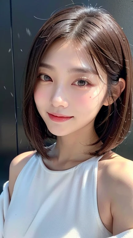 (((Close-up of face)))、(((Absolutely shoulder-length brown straight short bob)))、(((She is posing like a hair salon model, with a black wall indoors as the background.)))、(((Casual black winter long sleeves with shoulders covered)))、Half Japanese, half Korean、18 year old girl、Standing Alone、Looking forward、Light eye makeup、Brown Hair Color、Flat and 、Hair blowing in the wind、Actress Quality、Glossy, ultra-realistic face、Smiling face、Watery eyes、Gazing Up、Subtle lighting effects、 Ultra-Realistic Capture、Very detailed、High resolution 16K close up of human skin。Skin texture must be natural、The details must be such that pores can be clearly seen、The skin is healthy、Uniform tone、Use natural light and colors、A worn-out, high-quality photo taken by a model agency's in-house photographer.、smile、(((SIGMA 300 mm F/1.4,1/1000 sec shutter,ISO 400)))