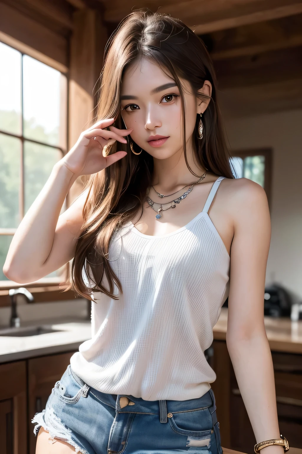 (masterpiece, best quality, ultra-detailed, highres, 4k),(beautiful detailed eyes),(very detailed face),(1girl),HDR,long hair, shorts, phone, brown eyes, brown hair, cellphone, bracelet, tank top, jewelry, watch, lips, solo focus, nail polish, blurry background, smile, wristwatch, realistic, blurry, looking at viewer