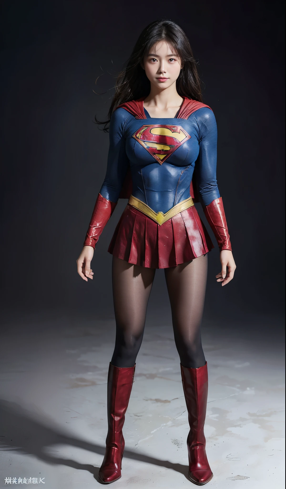 No background、(((Beautiful legs in black tights.)))、(((Legally express the beauty of your smile)))、((((Make the most of your original images)))、(((Supergirl Costume)))、(((Beautiful Hair)))、(((suffering)))、(((Please wear black tights....、Wear red boots)))、((Best image quality、8k))、((highest quality、8k、masterpiece:1.3))、(((Preserve background )))、Sharp focus:1.2、Beautiful woman with perfect figure:1.4、Slim Abs:1.2、Wet body:1.5、Highly detailed face and skin texture、8k